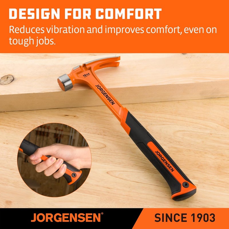 Jorgensen 16 oz Straight Claw Hammer, Rip Claw Hammer with Milled Face & Shock Absorbing Grip, Heavy Duty One-piece Forged Hammer - Image 4